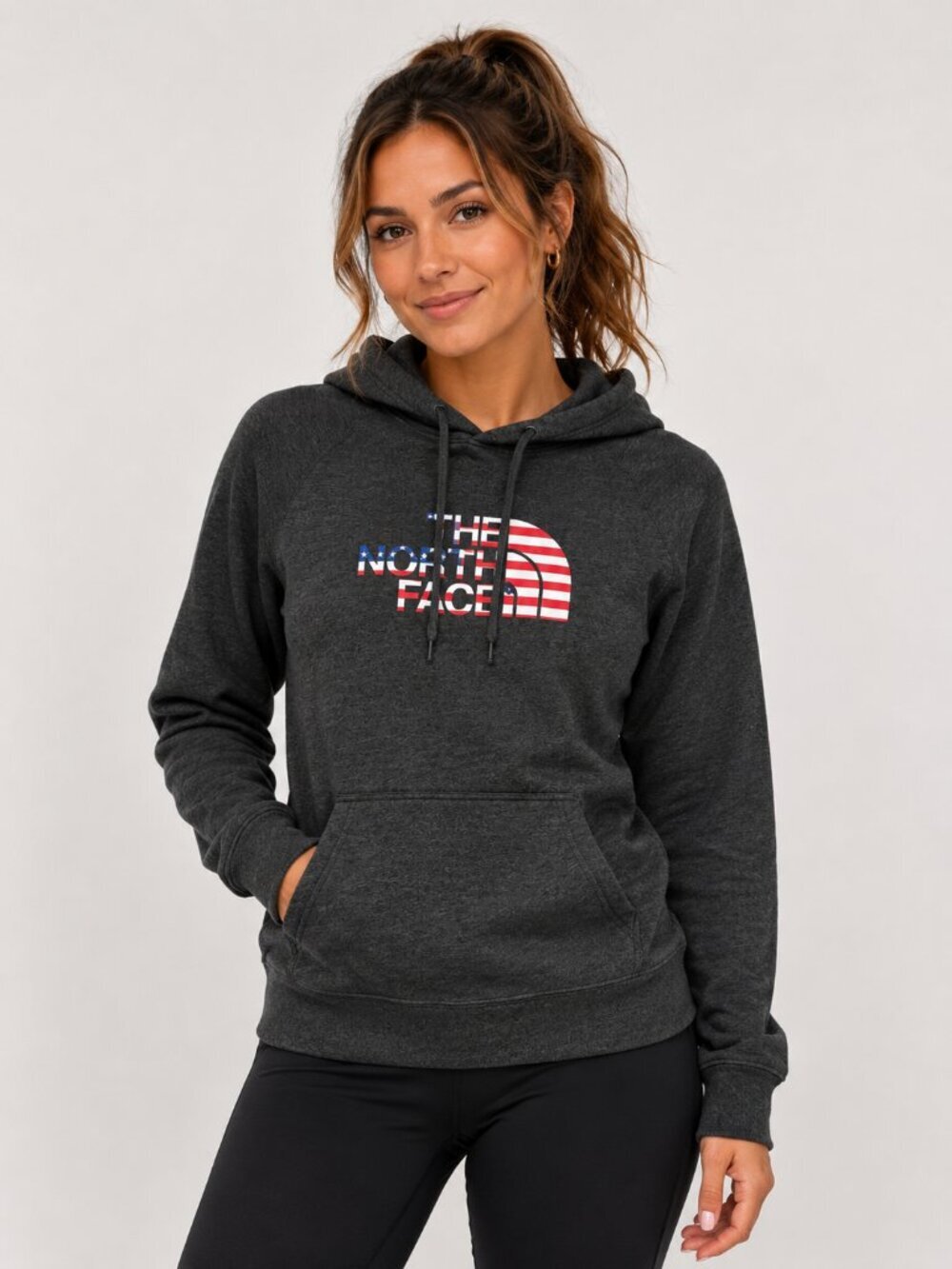 The North Face Women's Charcoal Gray Pullover Hoodie American Flag Logo